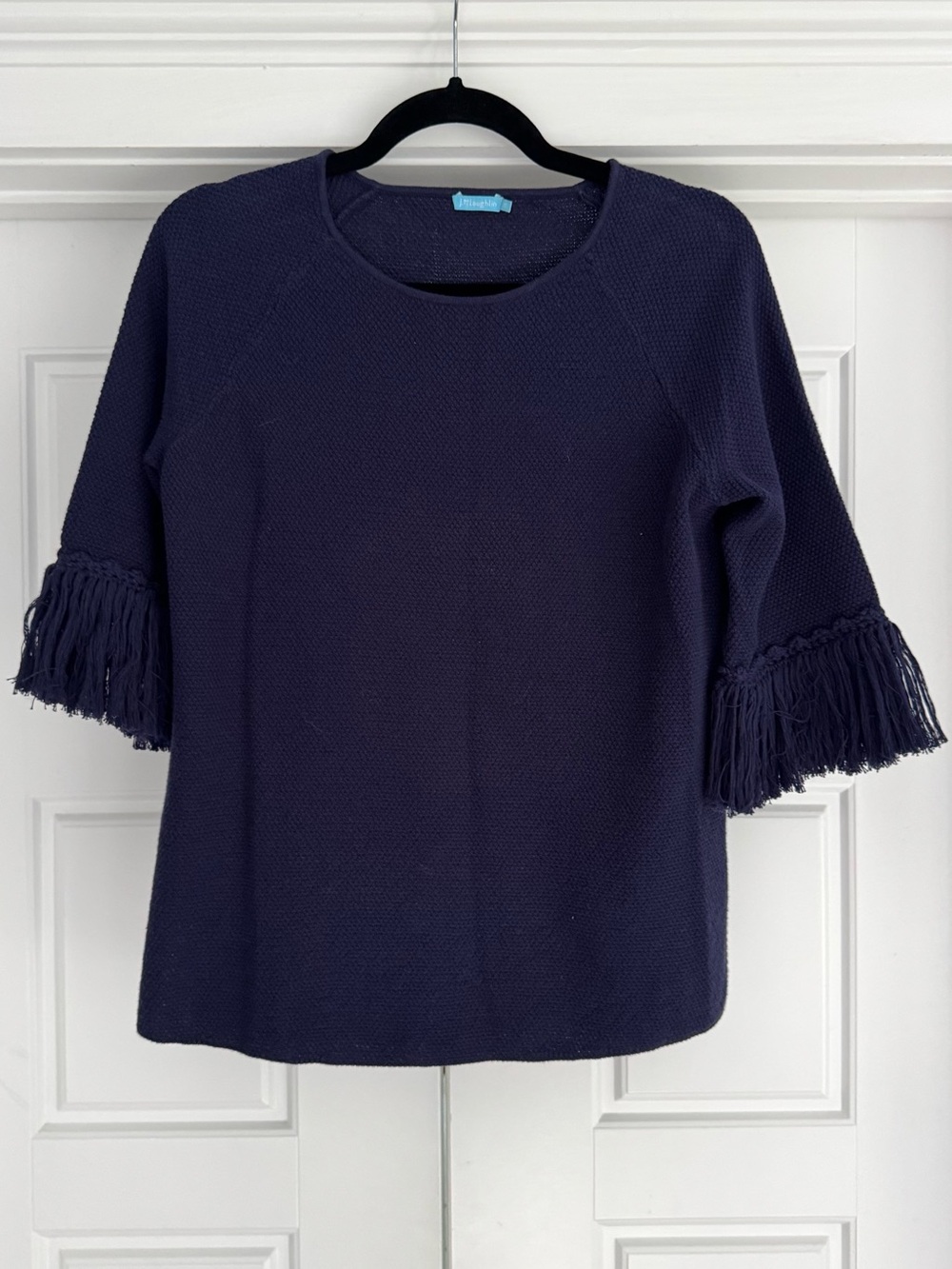 J. McLaughlin Navy Blue Fringe Sleeve Knit Sweater, XS